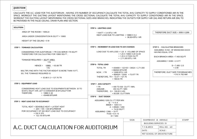 A.C. Duct Calculation for Auditorium | PDF