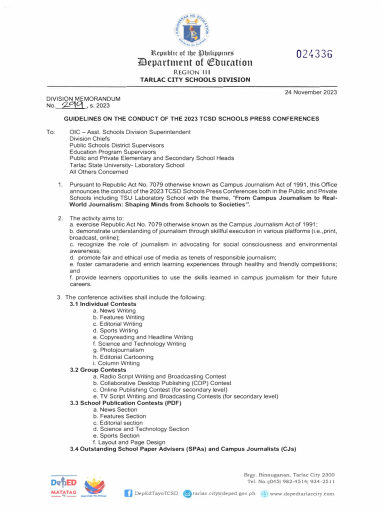 Division Memo No. 299, S. 2023 - Guidelines On The Conduct of The 2023 ...