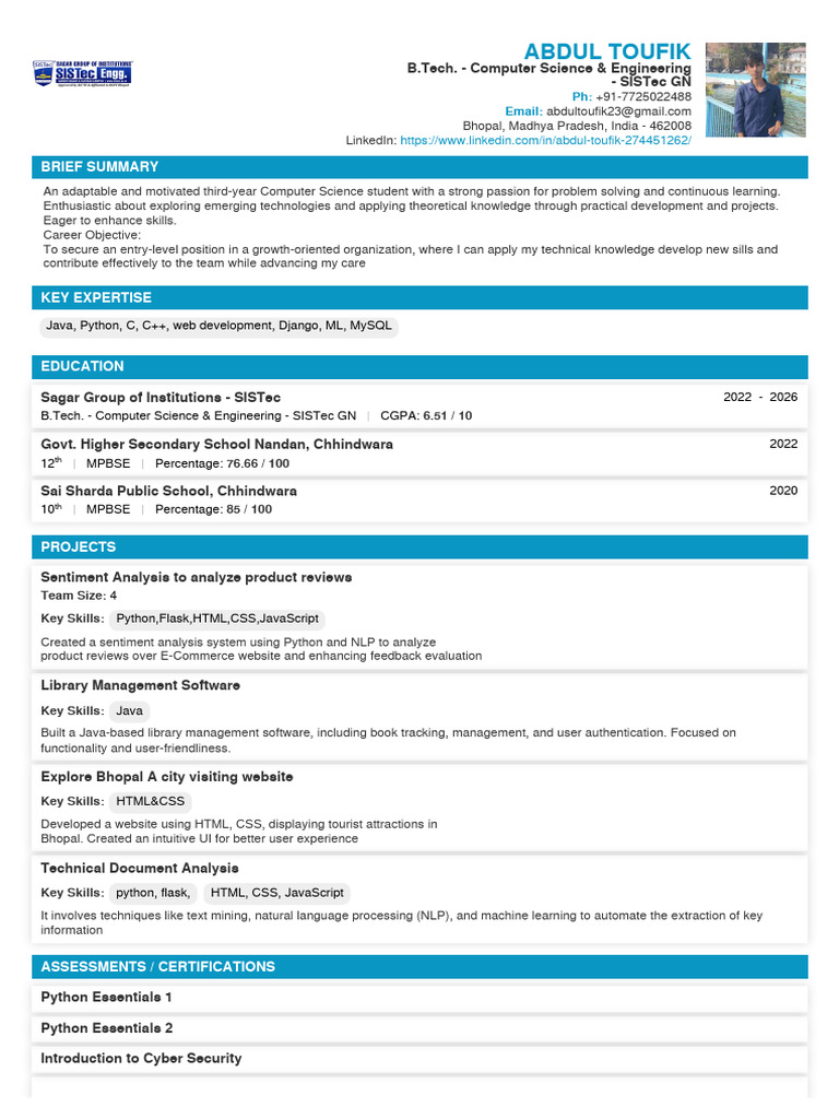 B.Tech Computer Science Student Profile | PDF | Information Technology ...
