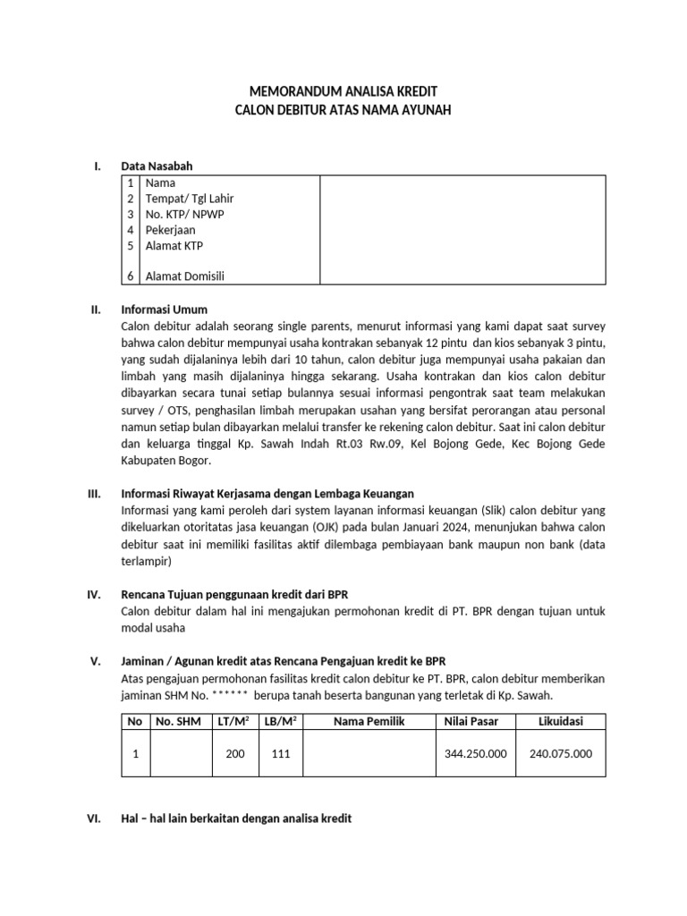 Memorandum Analisa Kredit | PDF