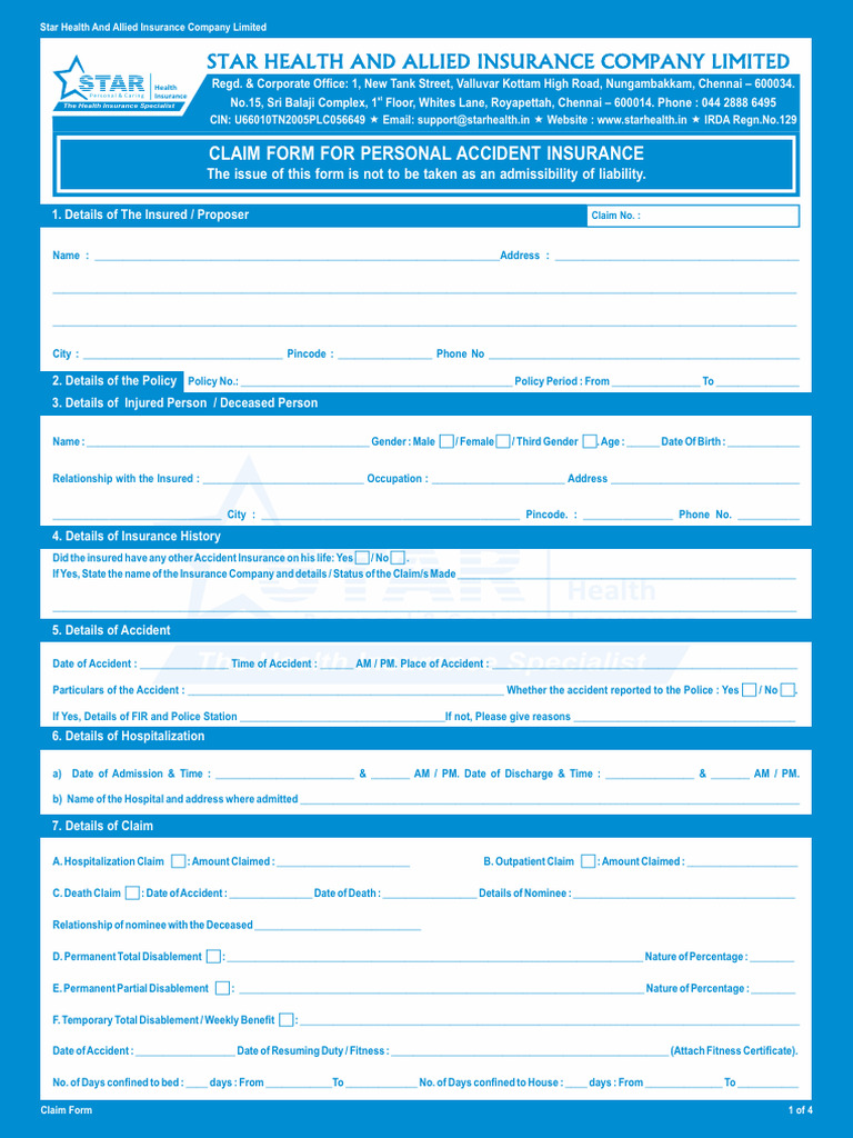 Personal Accident Insurance Claim Form | PDF | Receipt | Hospital