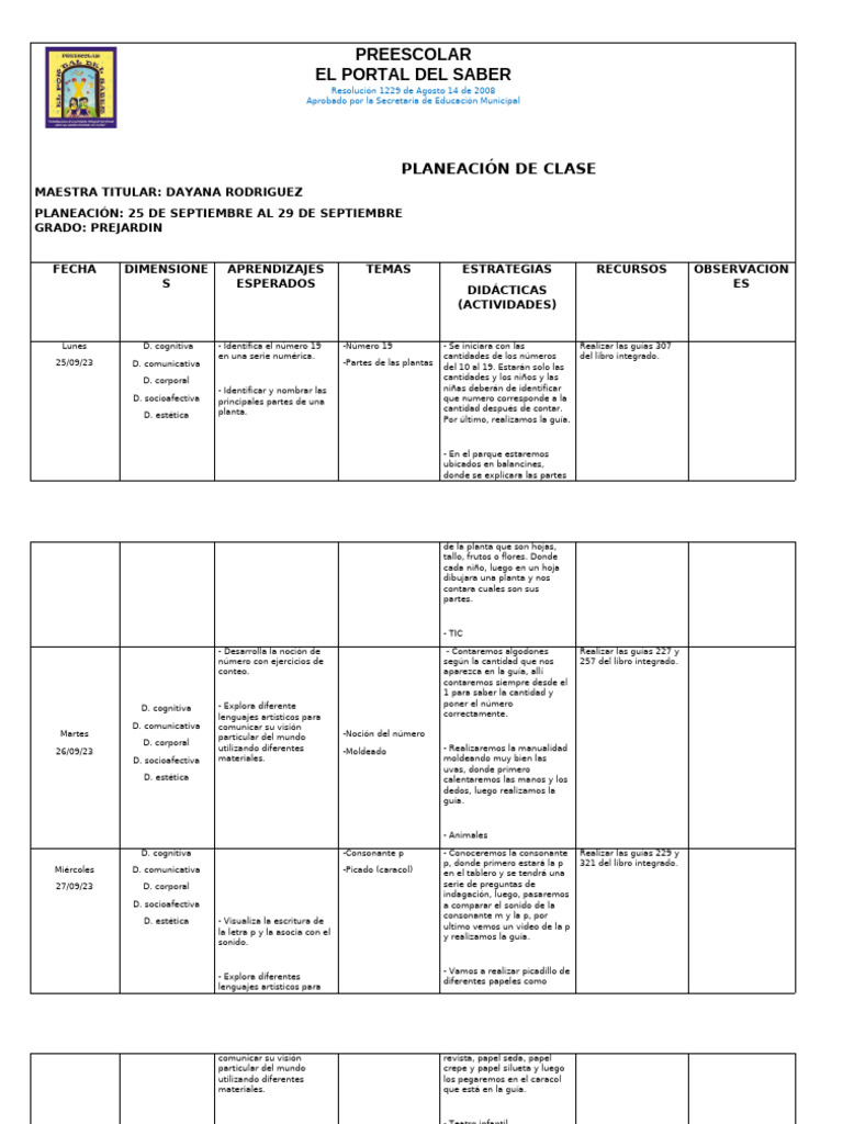 Planeación Prejardín Semana Del 25 Al 29 de Septiembre | PDF