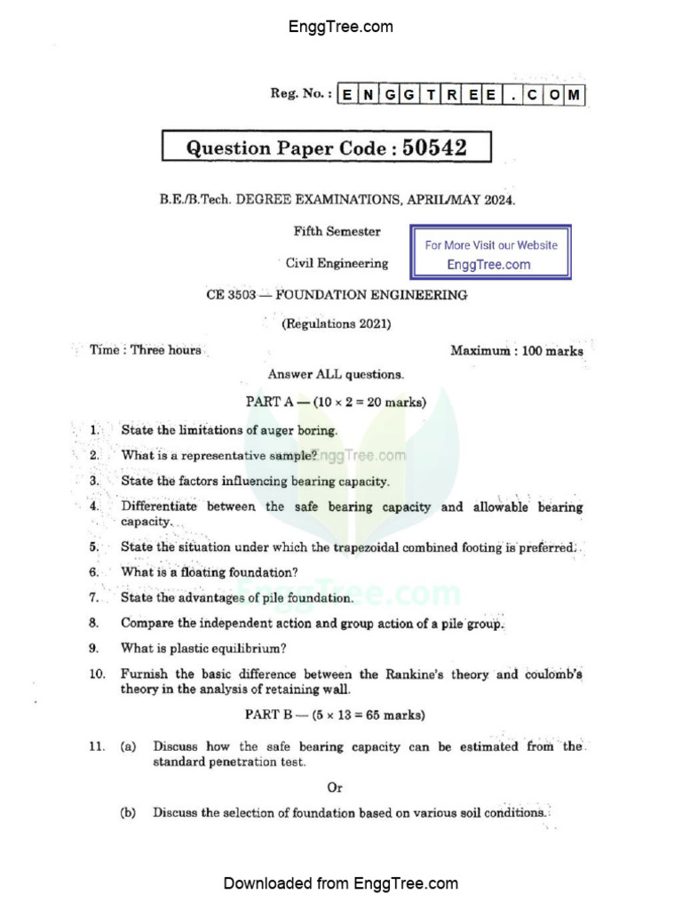CE3503 Foundation Engineering Apr May 2024 Question Paper Download | PDF