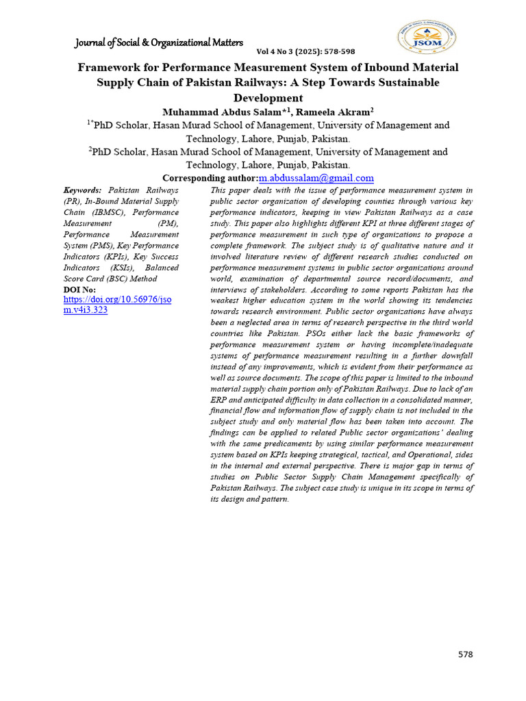 Framework For Performance Measurement System of Inbound Material Supply ...