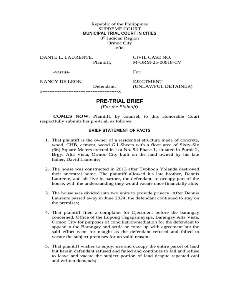 Ejectment Case Pre-Trial Brief: Laurente vs. De Leon | PDF | Damages ...