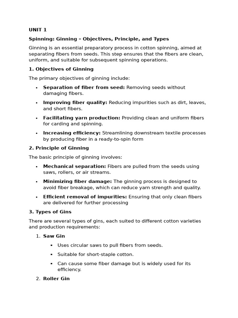 Ginning and Spinning Processes Explained | PDF | Yarn | Spinning (Textiles)