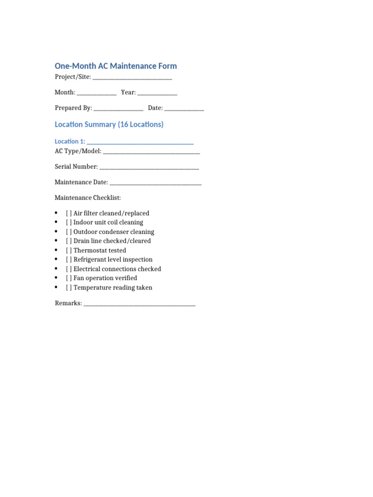 One Month AC Maintenance Form | PDF | Thermostat | Temperature