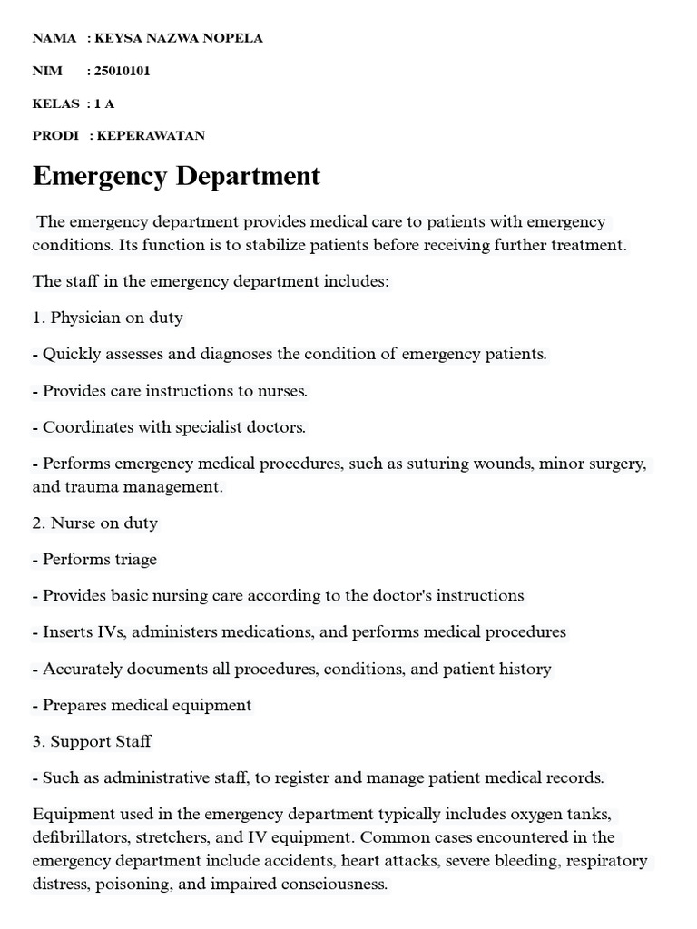 Emergency Department Roles and Functions | PDF