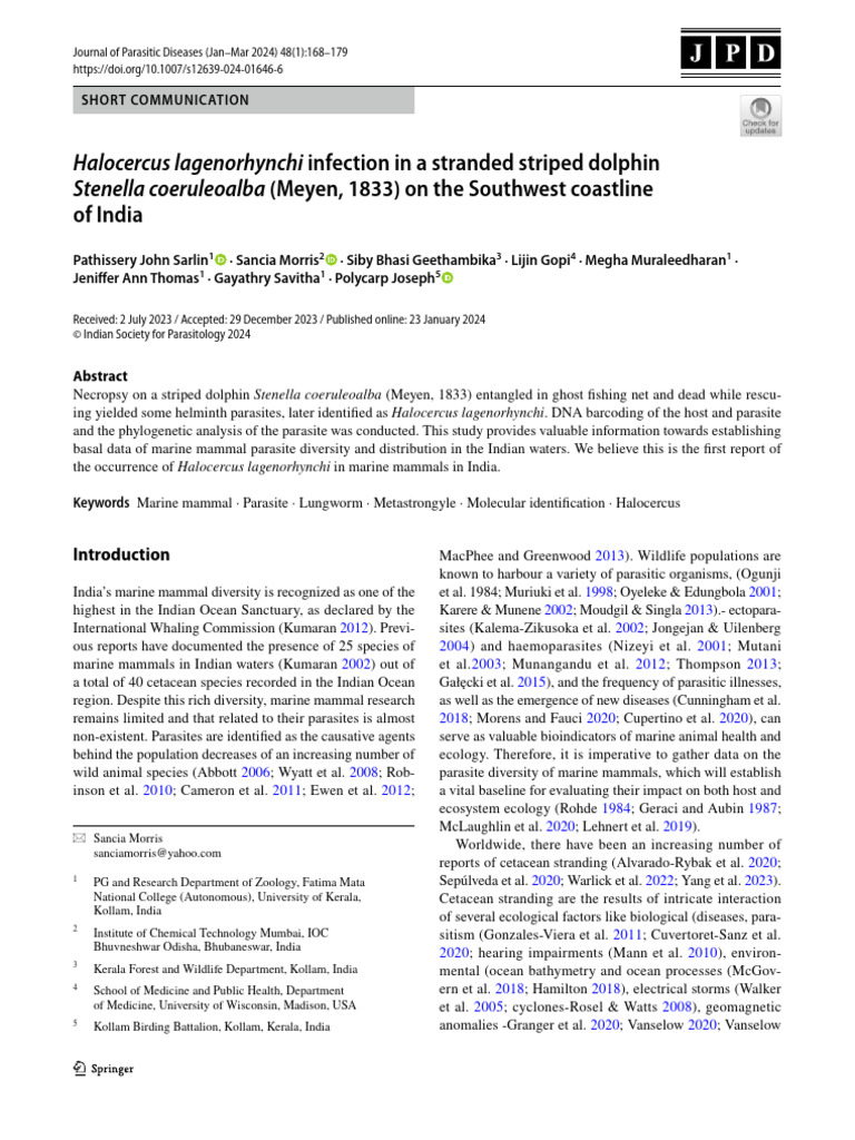 Halocercus lagenorhynchi in Stranded Dolphin | PDF | Parasitism ...