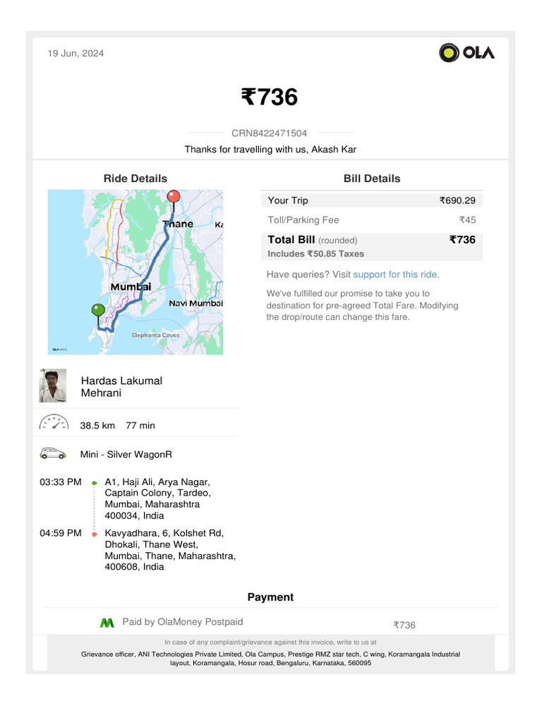 Ola Bill 19.6.24 736 | PDF | Invoice | Payments