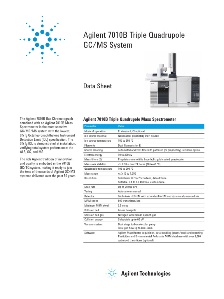 Agilent 7010B Triple Quadrupole GC/MS Specs | PDF | Gas Chromatography ...