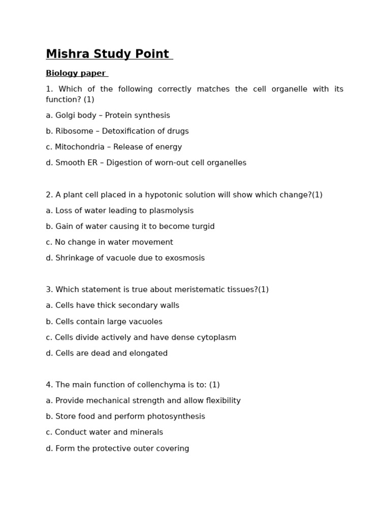 Mishra Study Point: Biology Paper | PDF | Tissue (Biology) | Morphology ...