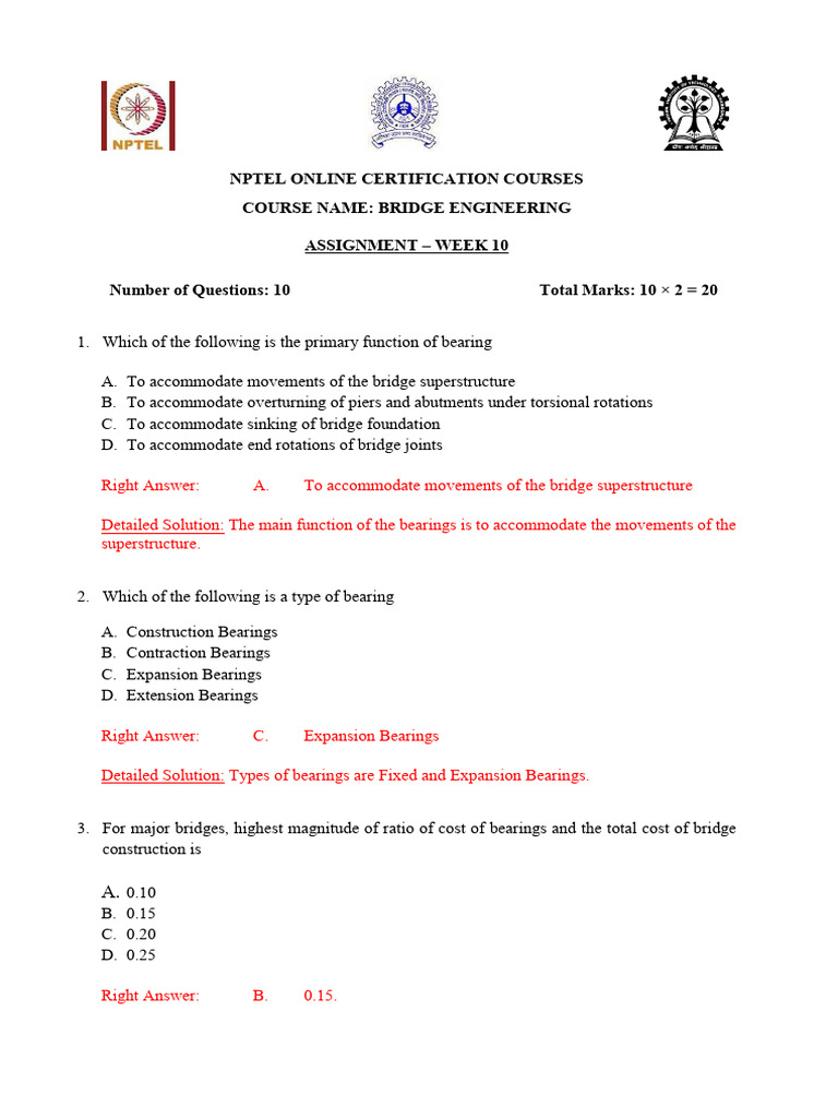 Assignment 10 Questions With Answers - Bridge Engineering 2024 | PDF
