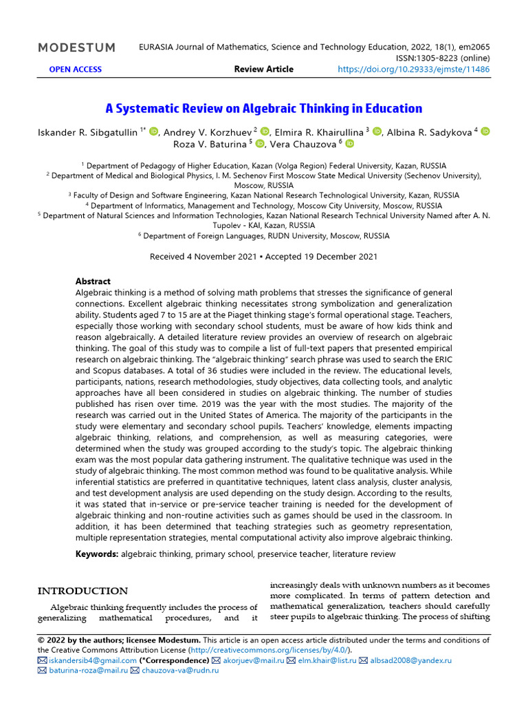 Systematic Review of Algebraic Thinking | PDF | Algebra | Teaching ...
