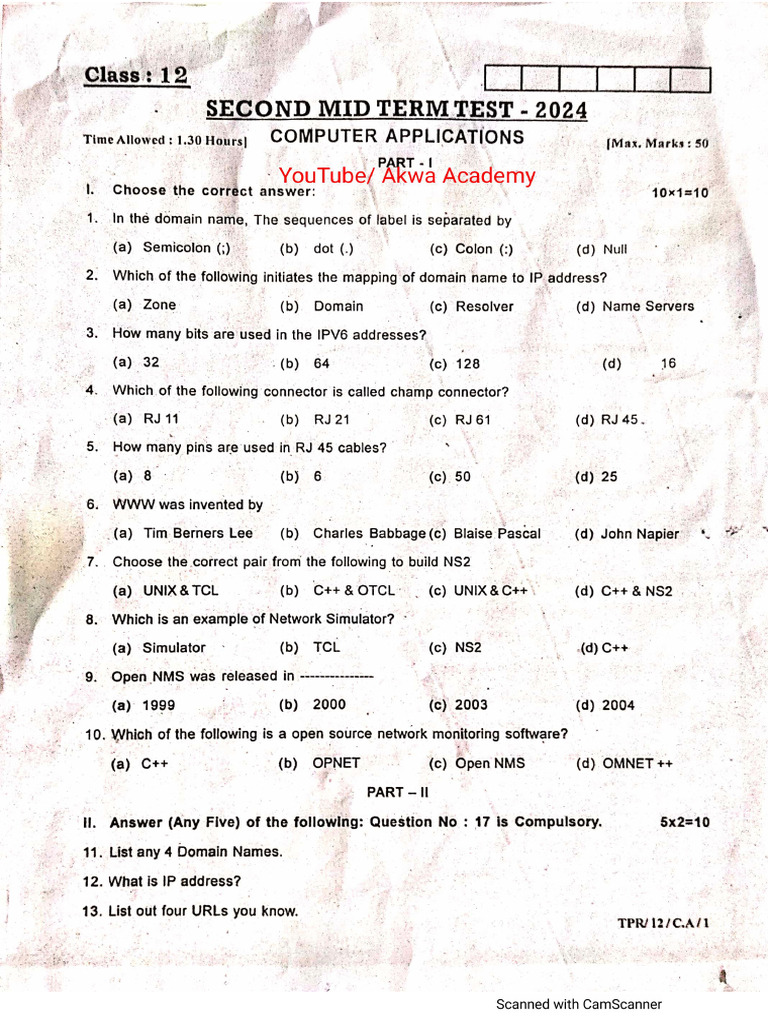 12th Computer Applications 2nd Mid Term Exam 2024 Original Question ...