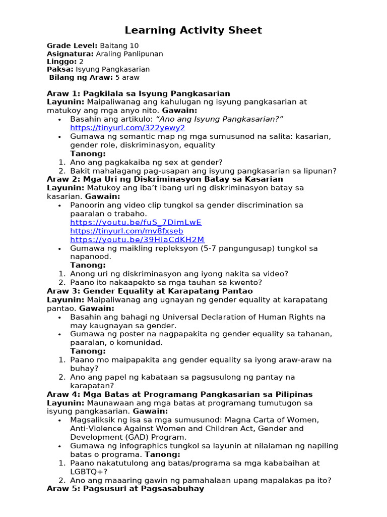 Grade 10 Gender Issues Learning Sheet | PDF | Educational Technology ...