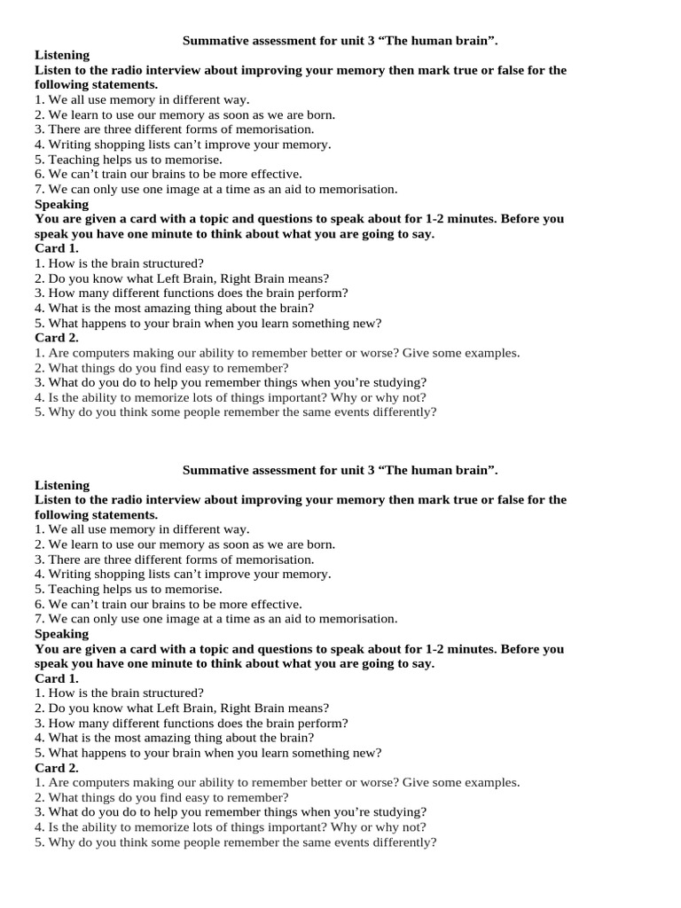 Memory Improvement Assessment Guide | PDF | Memory | Psychological Concepts