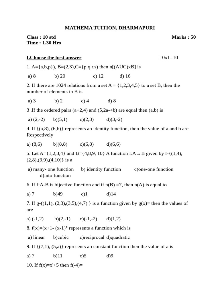 10th Unit 1 50 Marks Question | PDF | Function (Mathematics ...