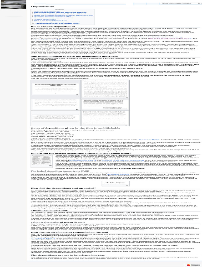 Columbine Depositions Overview and History | PDF | Deposition (Law ...