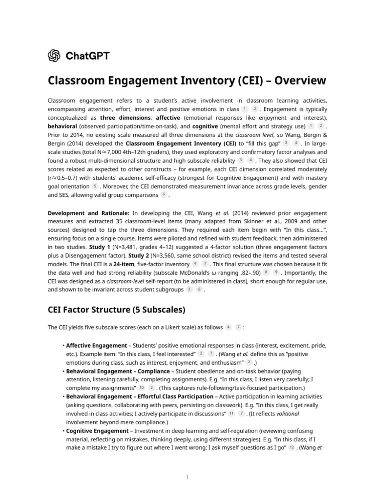 Classroom Engagement Inventory Overview | PDF | Social Psychology ...