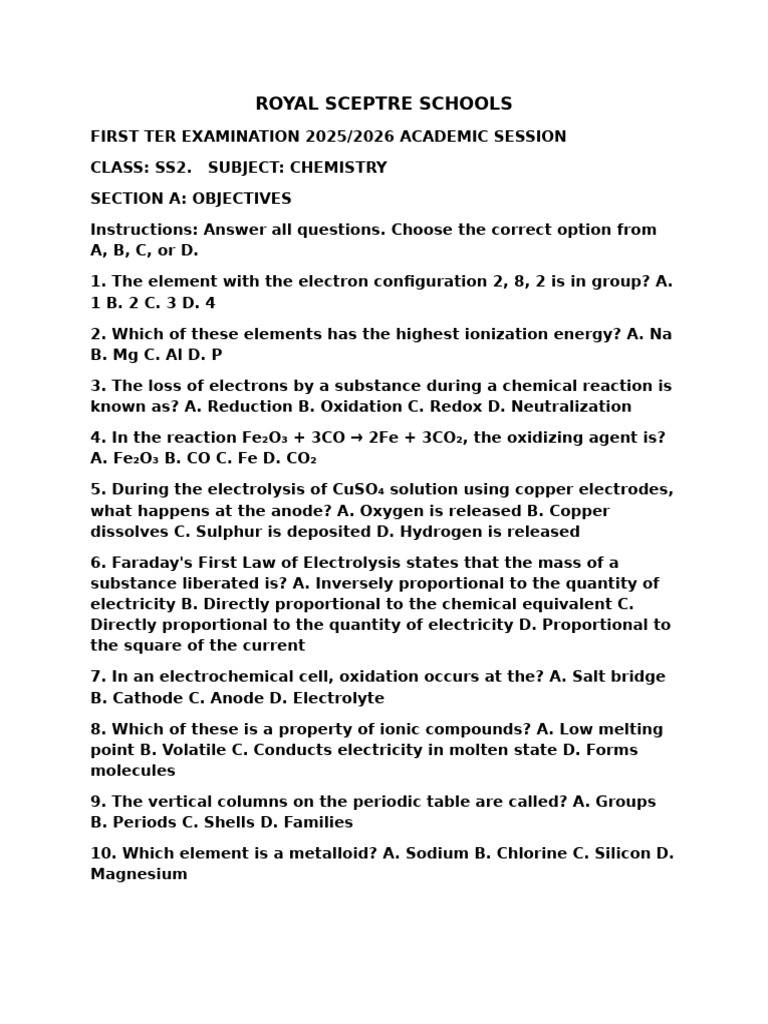 SS2 Chemistry Exam 2025/2026 | PDF | Redox | Ion