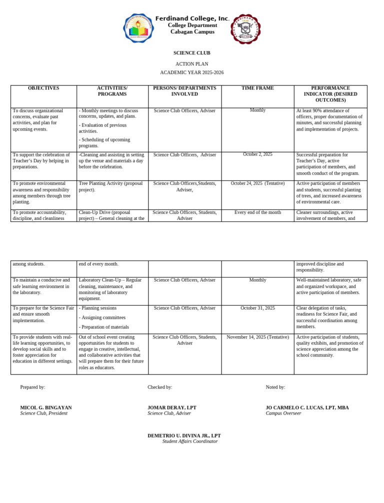 Science Club Action Plan 2025-2026 | PDF | Science | Learning