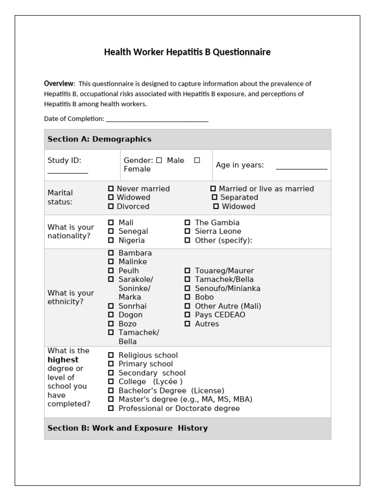 Hepatitis B Questionnaire for Health Workers | PDF | Health Care | Medicine