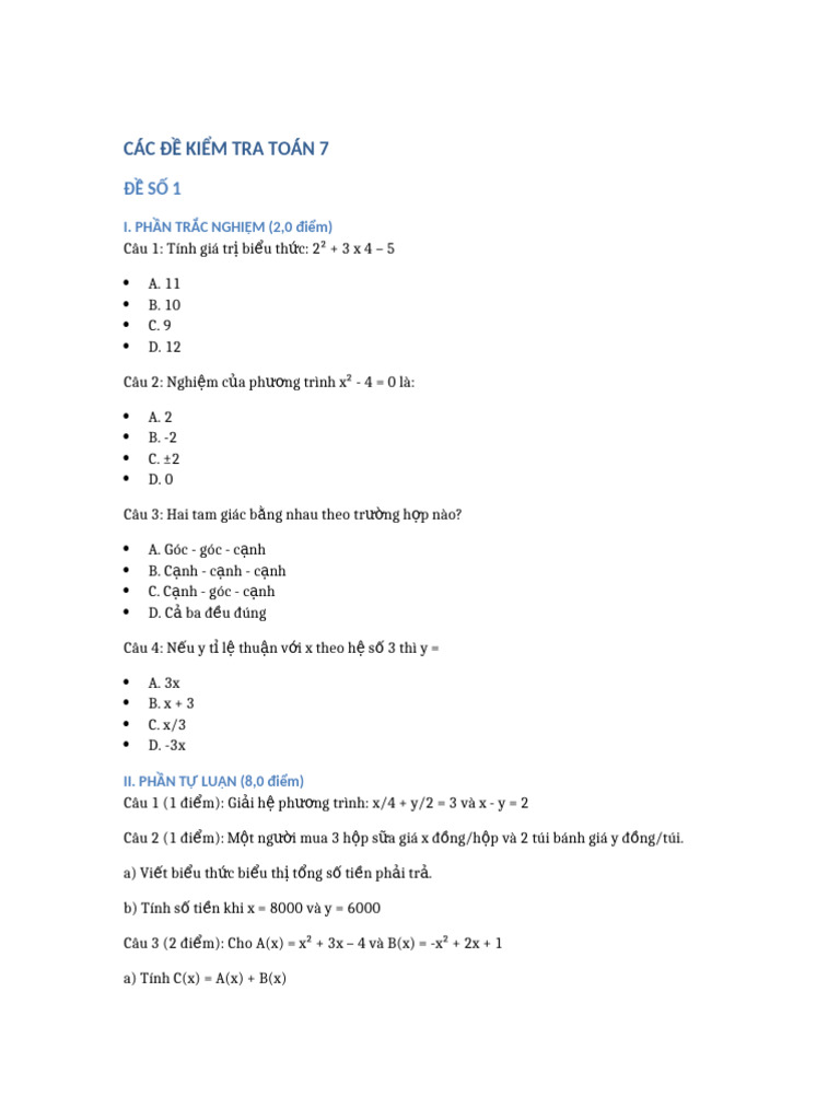 Cac de Toan Lop7 Kem Dap An | PDF