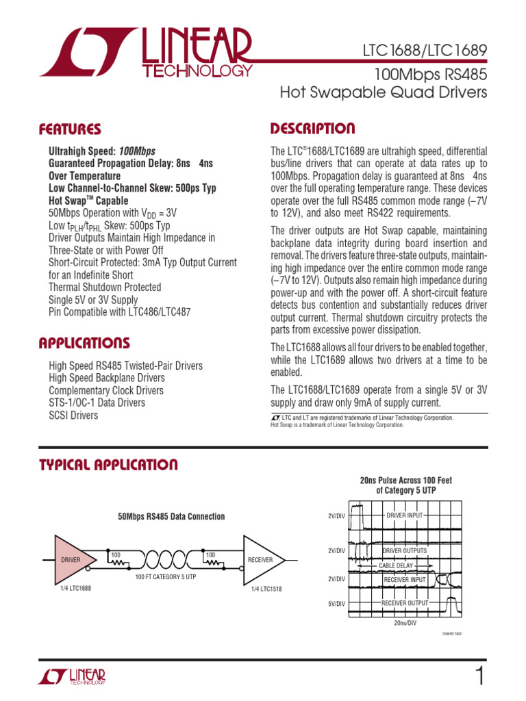 High-Speed RS485 Quad Drivers LTC1688/LTC1689 | PDF | Transmission Line ...