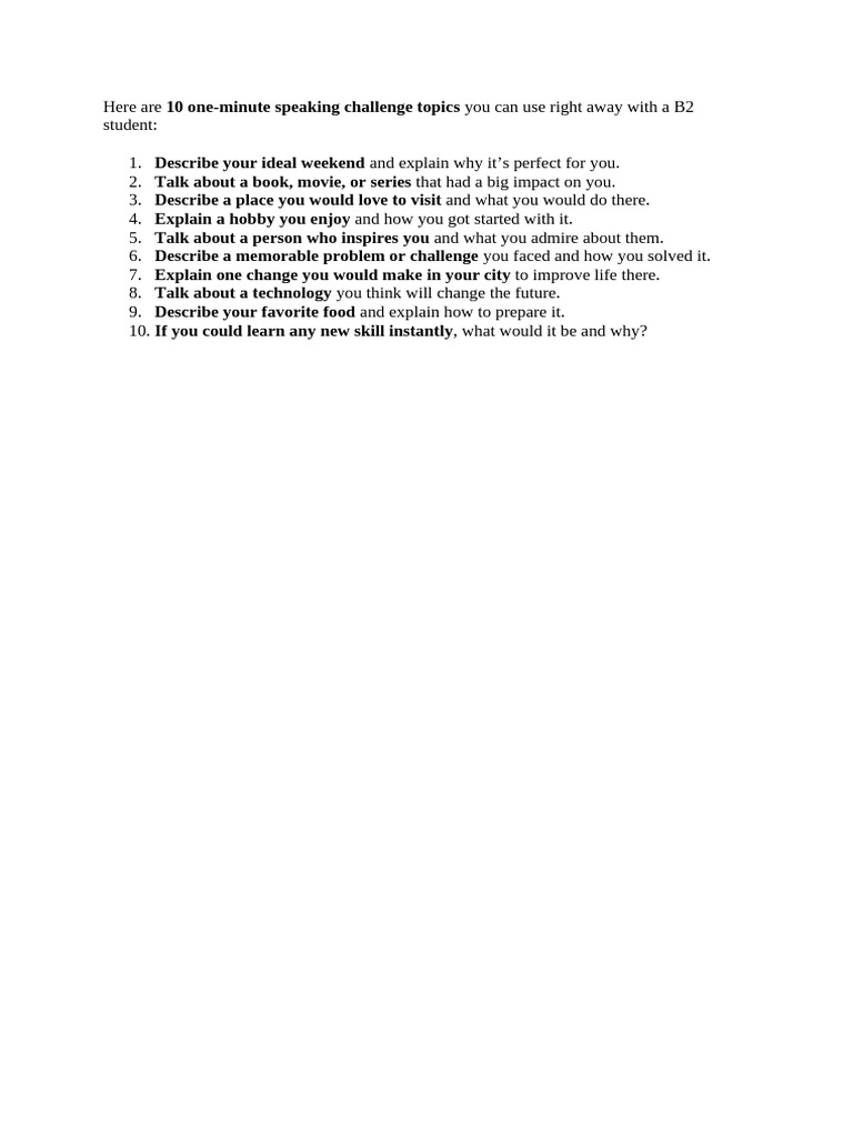 10 One-Minute Speaking Topics for B2 Students | PDF
