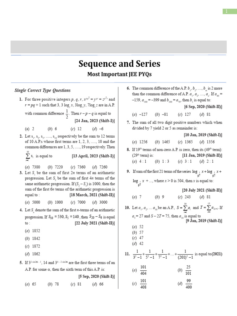 JEE Arithmetic Progression Questions | PDF | Number Theory | Arithmetic