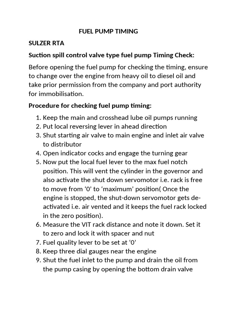 Fuel Pump Timing Procedures for Sulzer RTA | PDF | Pump | Valve