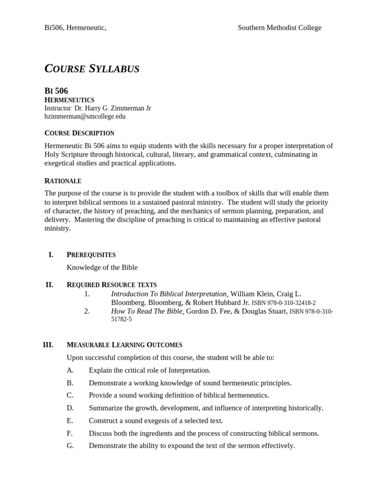 Course Syllabus Bi506 Hermeneutics | PDF | Exegesis | Bible