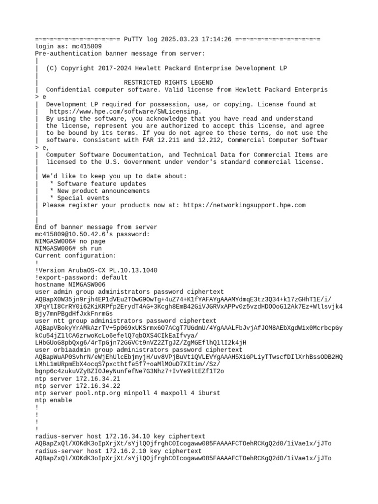 PuTTY Log: ArubaOS-CX Config Details | PDF | Secure Shell | Internet ...