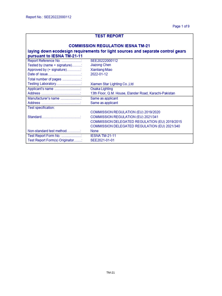TM-21 Report For Osaka T8 | PDF