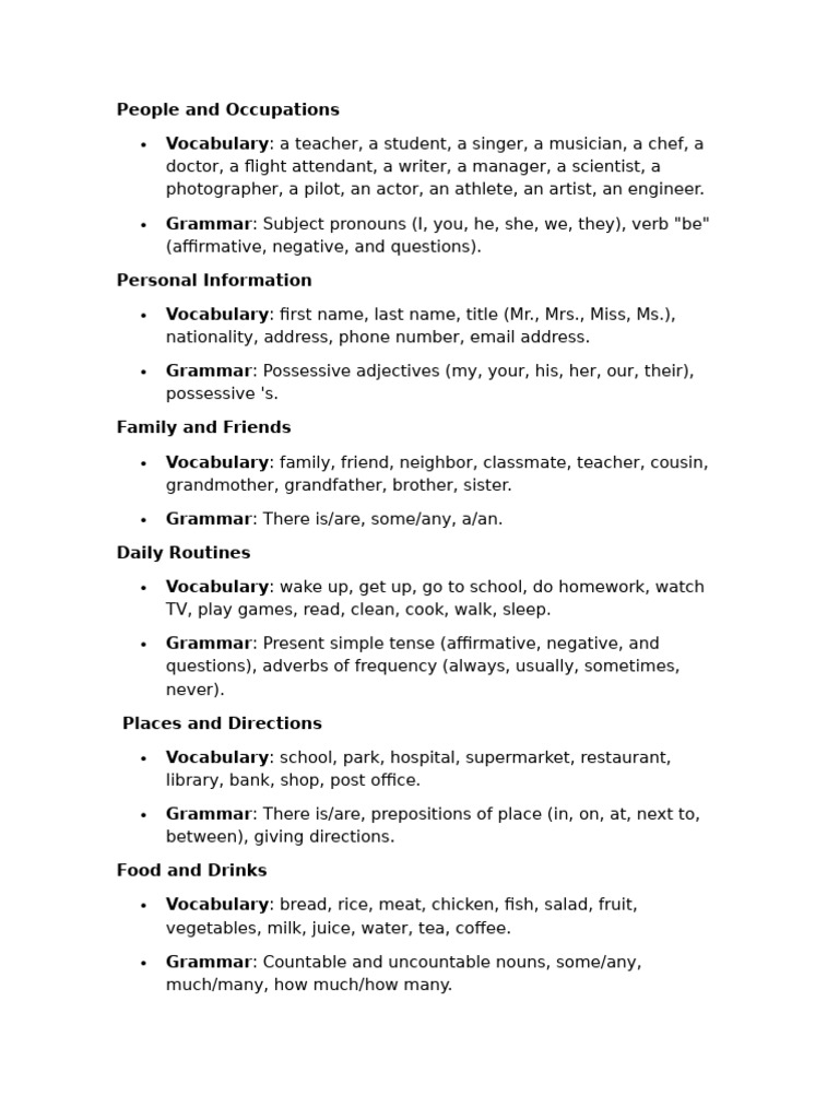 Vocabulary and Grammar Structurers Level A 2 | PDF | Verb | Linguistics