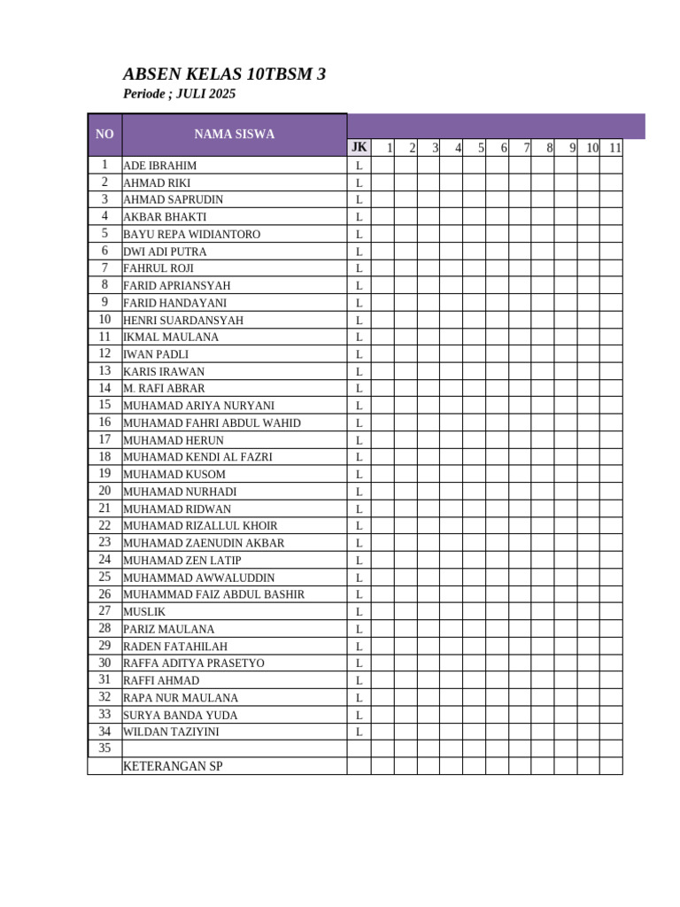 Absen Kelas 10 TBSM 3 2025 | PDF