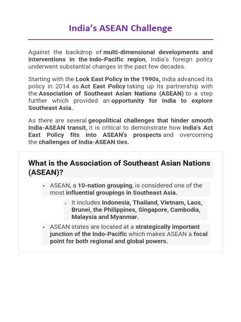 India's Act East Policy and ASEAN Challenges | PDF | Southeast Asia ...