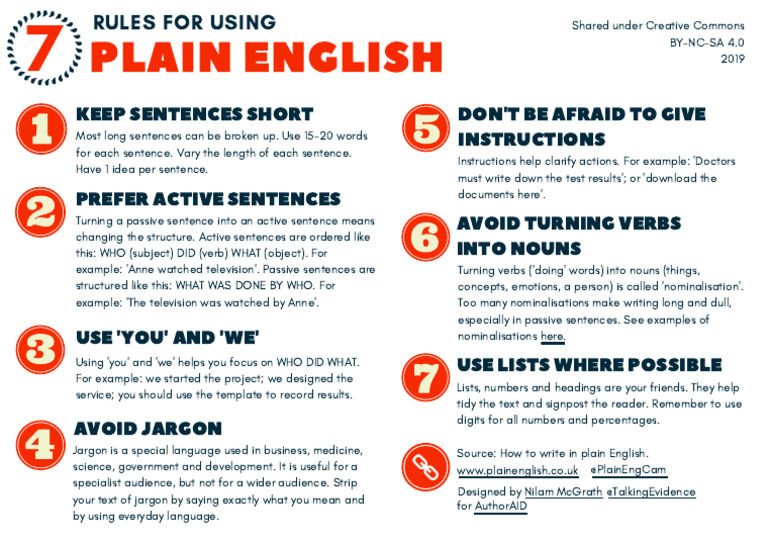 7 Rules For Using Plain English A4 AuthorAID 2019 | PDF | Verb | Jargon
