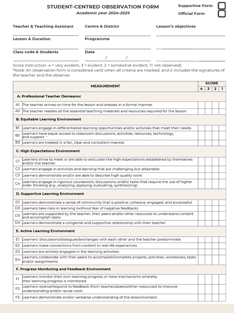 Student-Centered Observation Form 2024-2025 | PDF | Teachers | Learning