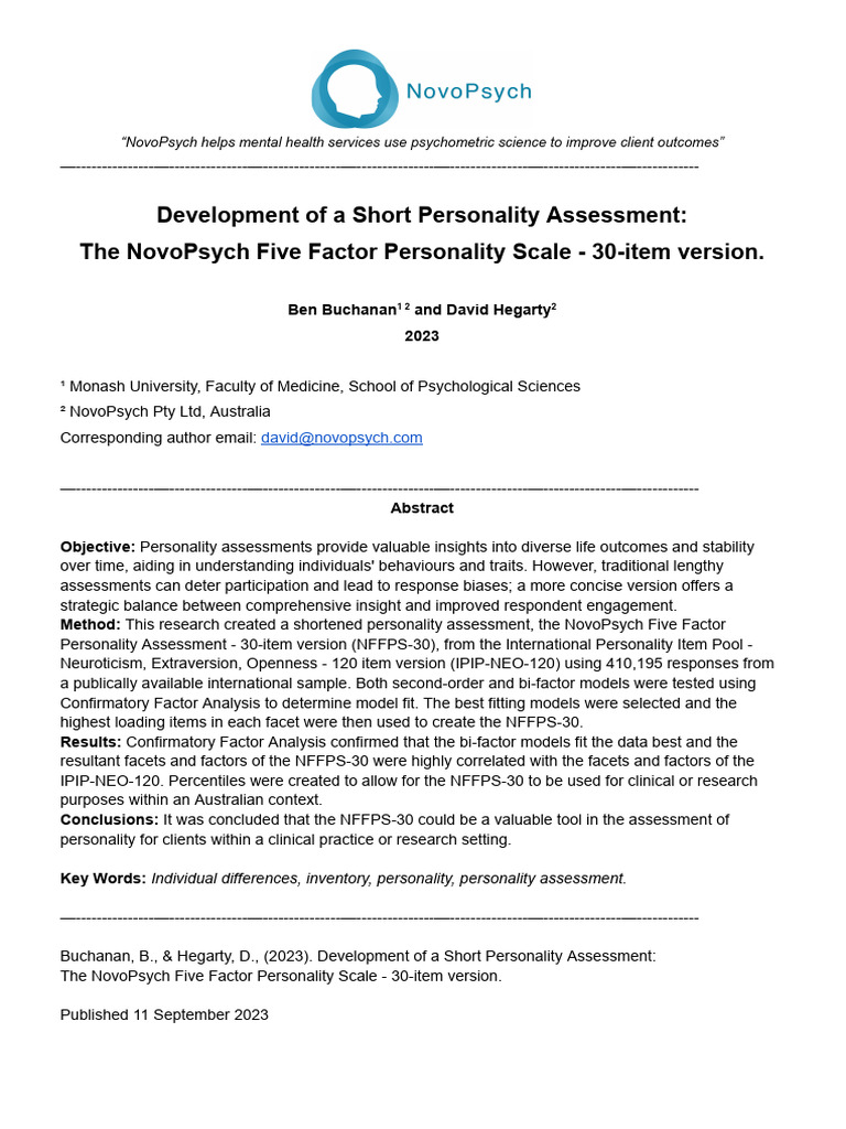 NovoPsych 30-Item Personality Scale | PDF | Psychological Concepts ...