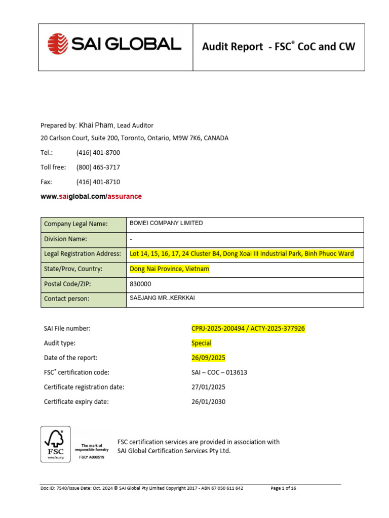 FSC CoC Audit Report for Bomei Company | PDF | Forest Stewardship ...