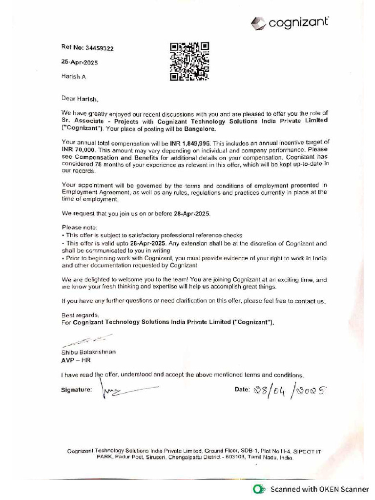 Signed Offer Letter Cognizant - 900 | PDF