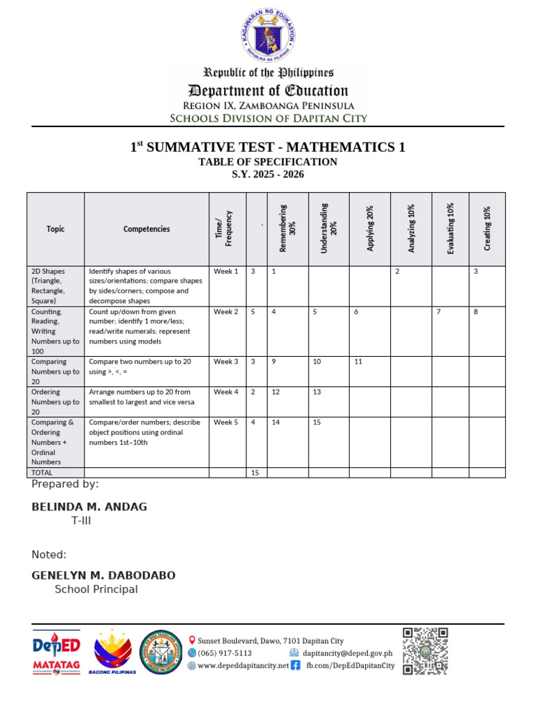 DTC_PT_MATH_1_Q1 Matatag with KEY TOS | PDF | Chess | Chess Theory