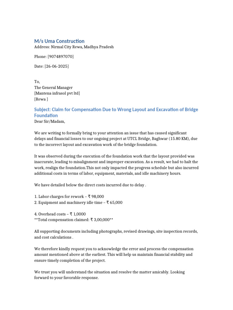 Compensation Letter Uma Construction With Timeline | PDF