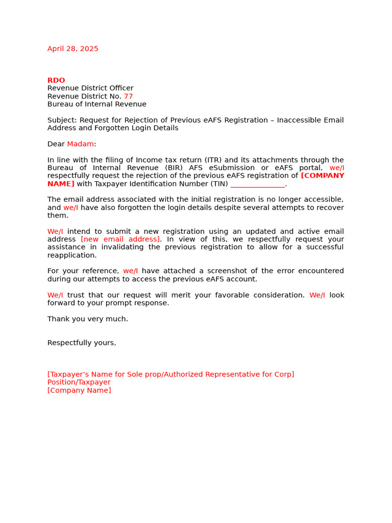 eAFS Registration Rejection Request | PDF