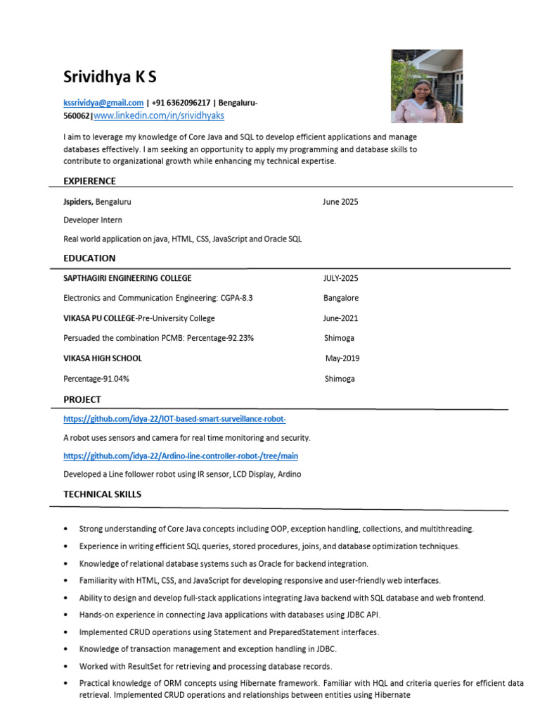 Java Developer Intern Resume Summary | PDF