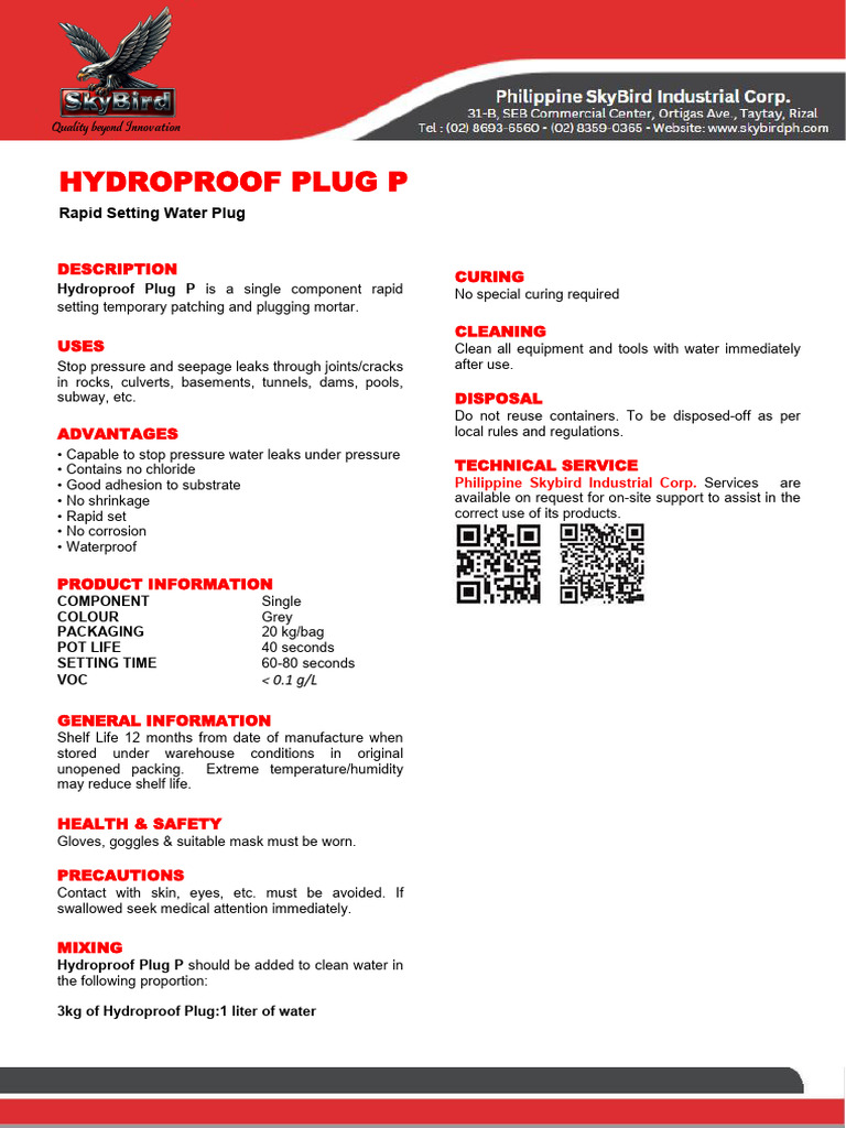 Hydroproof Plug P: Rapid Water Leak Sealant | PDF