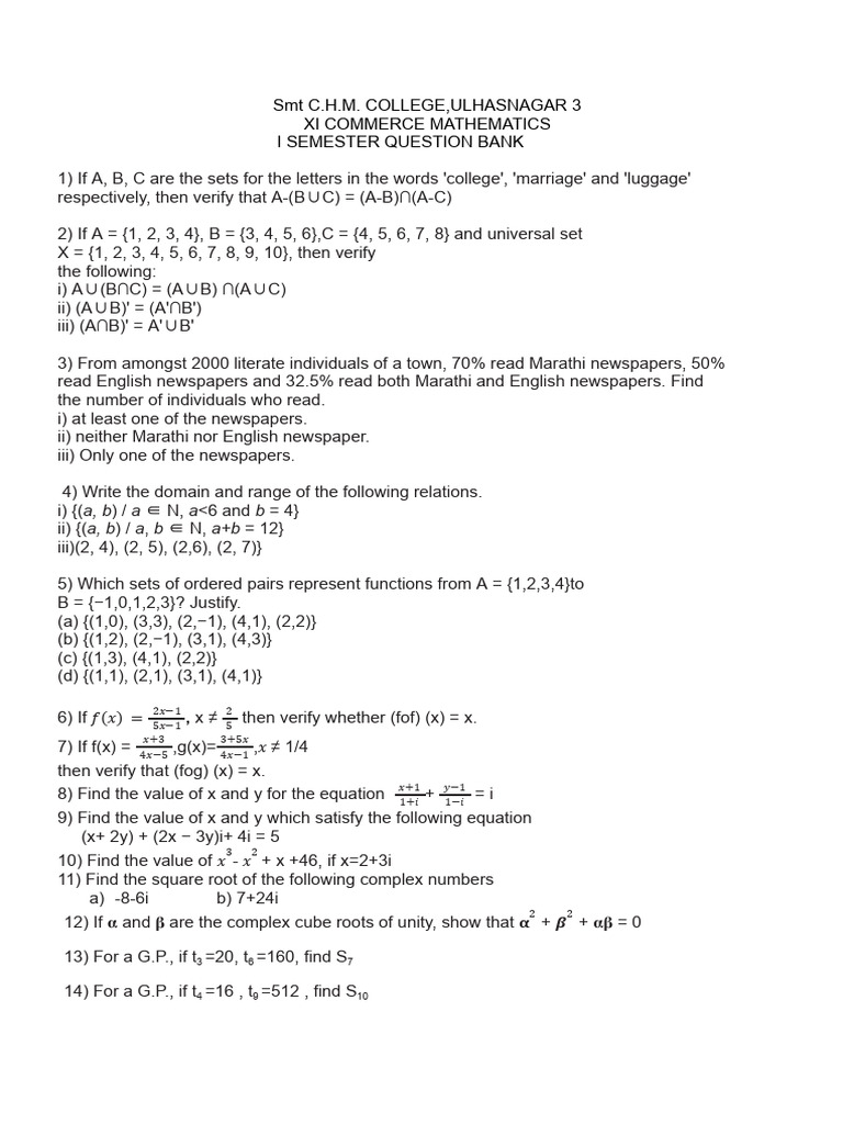 XI Commerce Mathematics Question Bank | PDF