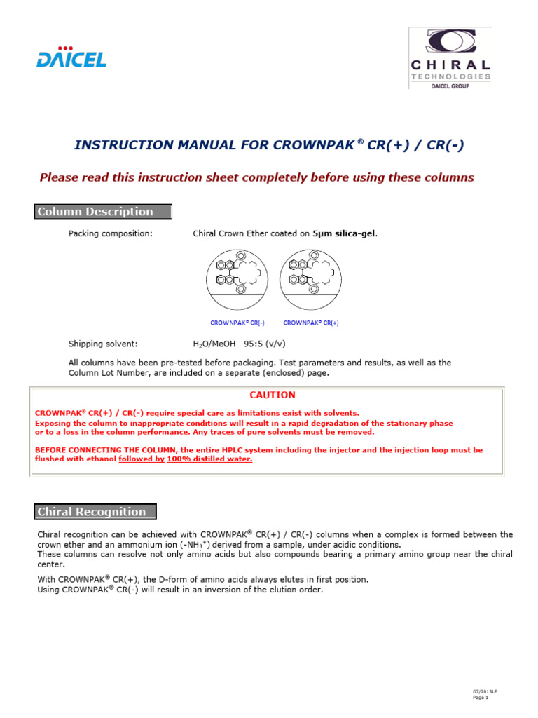 CROWNPAK CR(+) / CR(-) Column Manual | PDF | High Performance Liquid ...
